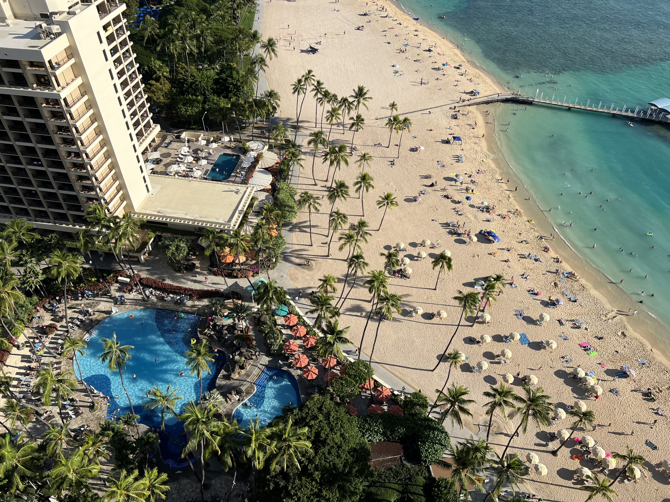 Pool view from our room at Hilton Hawaiian Village Waikiki Beach