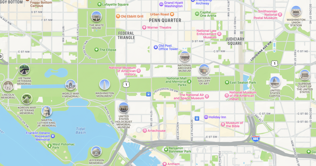 The map of the National Mall in Washington D.C.