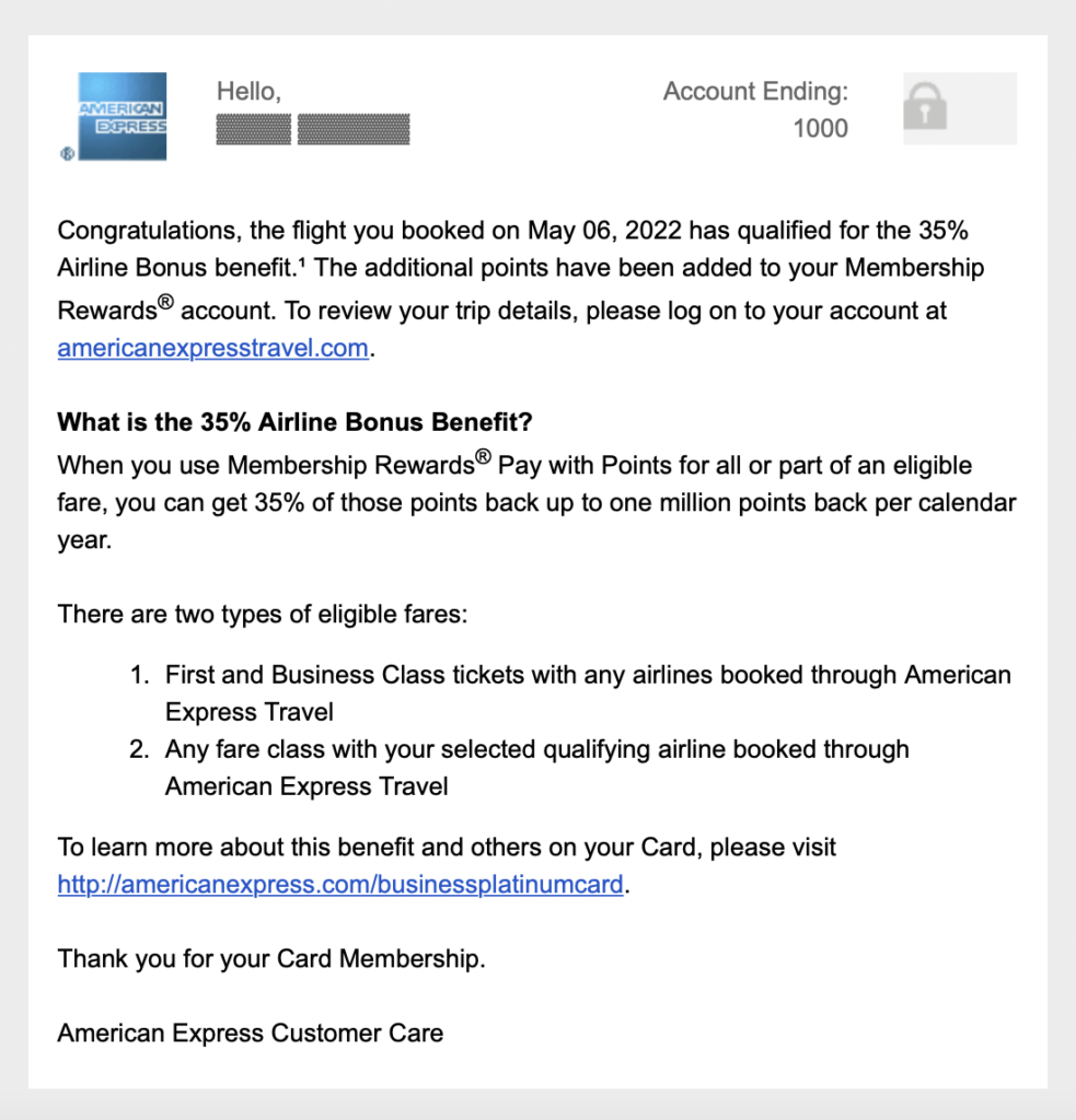 35% Airline Bonus Benefit when you use Membership Rewards Pay with Points using American Express Business Platinum Card