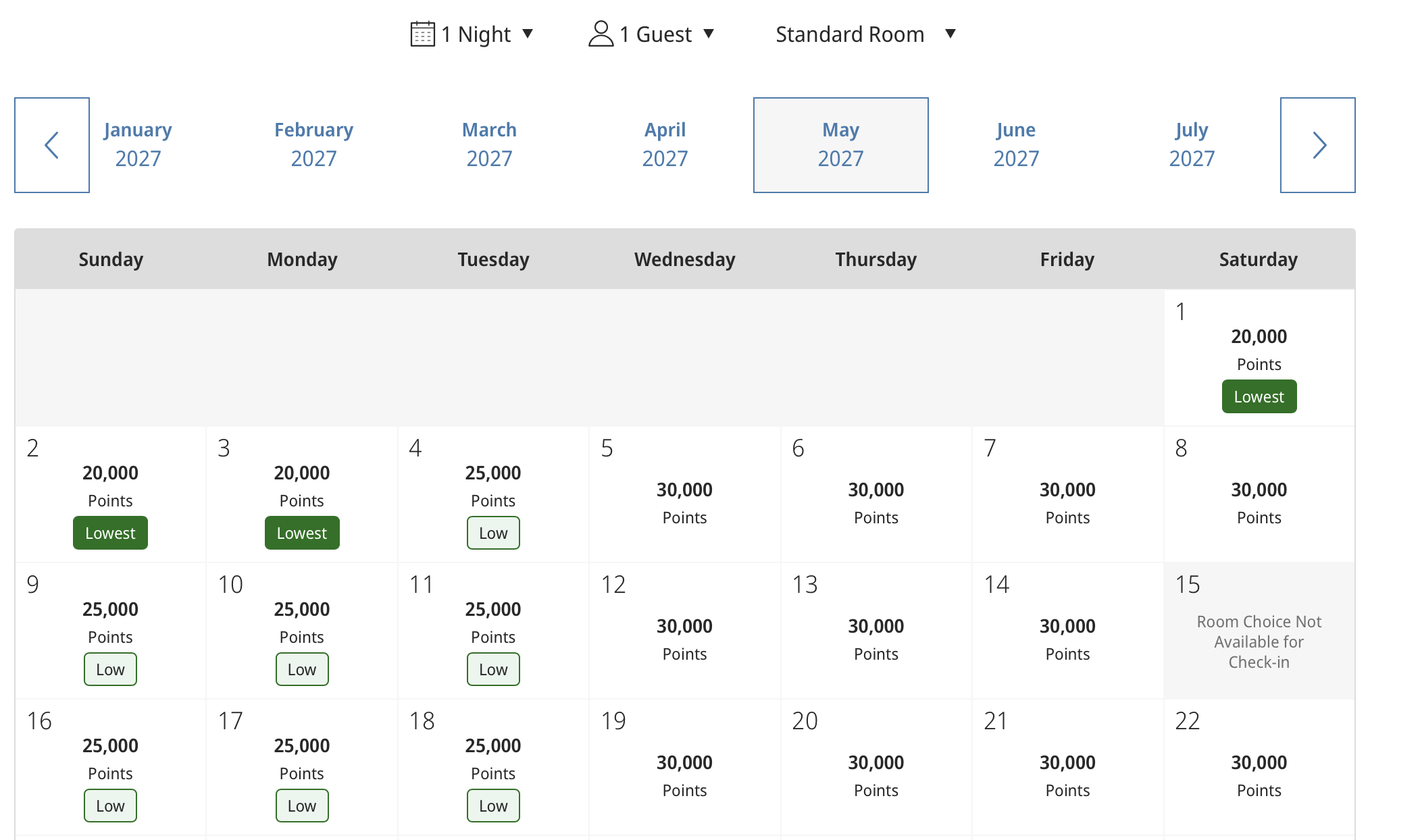 Hyatt Regency Lake Tahoe, Points Calendar