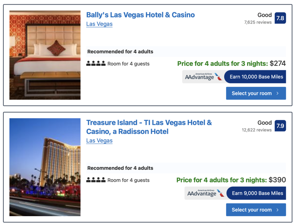 A screenshot of the BookAAHotels results page that shows the number of miles you can earn by staying at one of the properties.