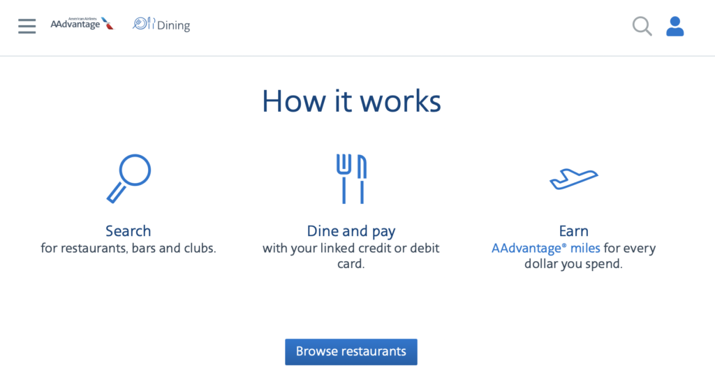 A screenshot of the American Airlines AAdvantage Dining portal.