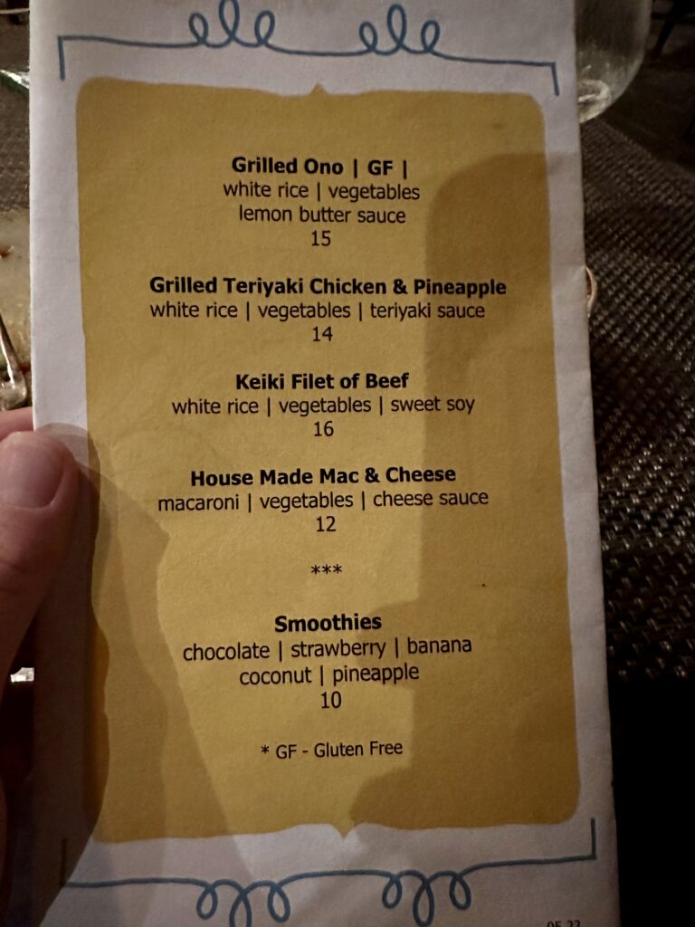 Tidepools Kids Menu at Grand Hyatt Kauai