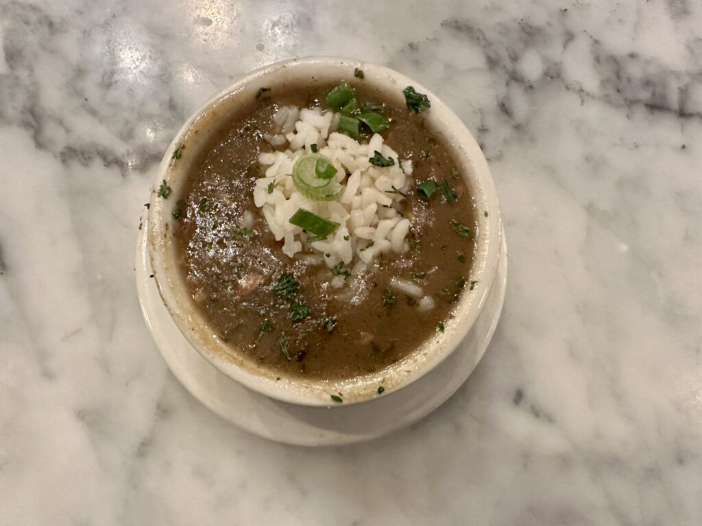 Gumbo with chicken, andouille sausage and rice at the Royal House in New Orleans