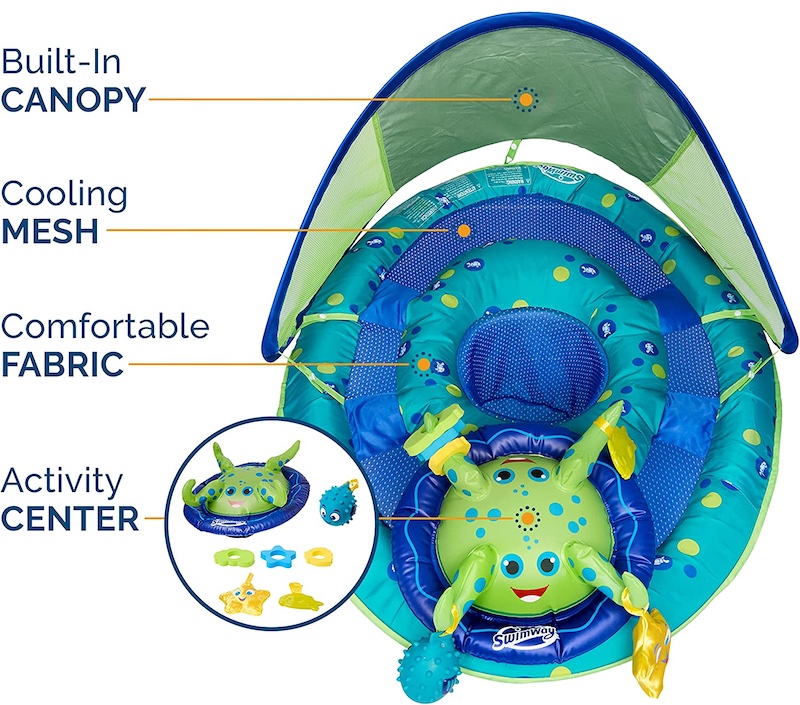 SwimWays Baby Spring Float Activity Center, Baby Float with Canopy & UPF Protection, Pool Toys & Swimming Pool Accessories for Kids 9-24 Months, Green Octopus
