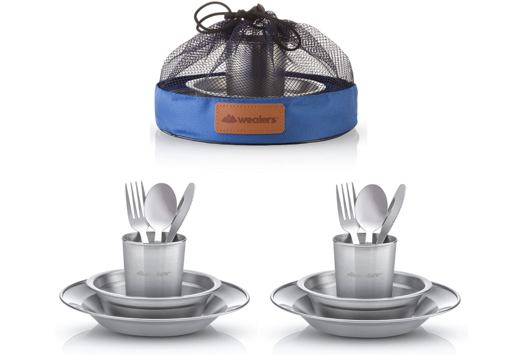 Unique Complete Messware Kit Polished Stainless Steel Dishes Set| Tableware| Dinnerware| Camping| Includes - Cups | Plates| Bowls| Cutlery| Comes in Mesh Bags
