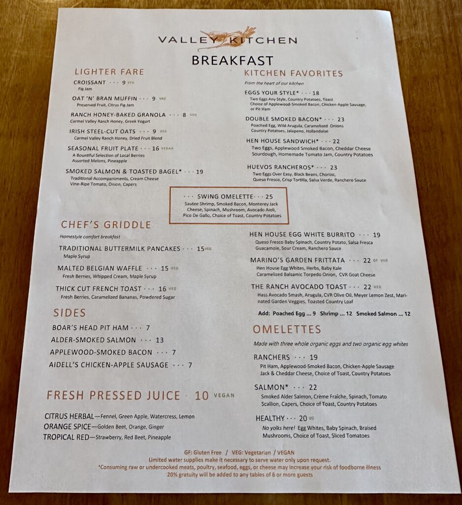 The breakfast menu at Valley Kitchen at the Carmel Valley Ranch