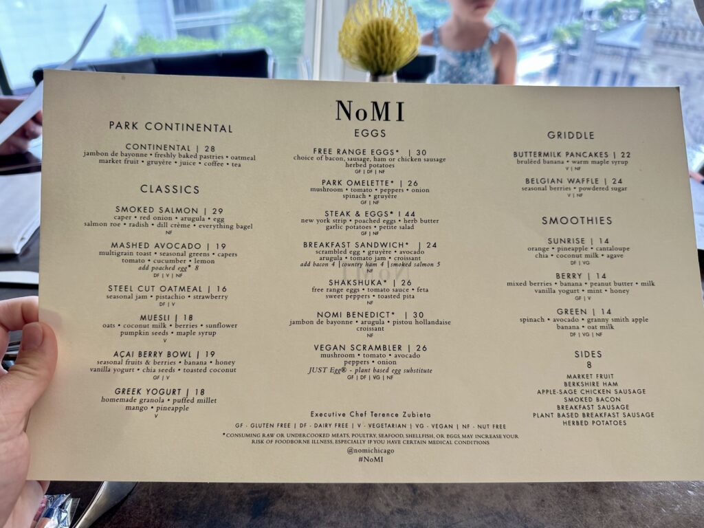 Breakfast menu at NoMI Kitchen, Park Hyatt Chicago