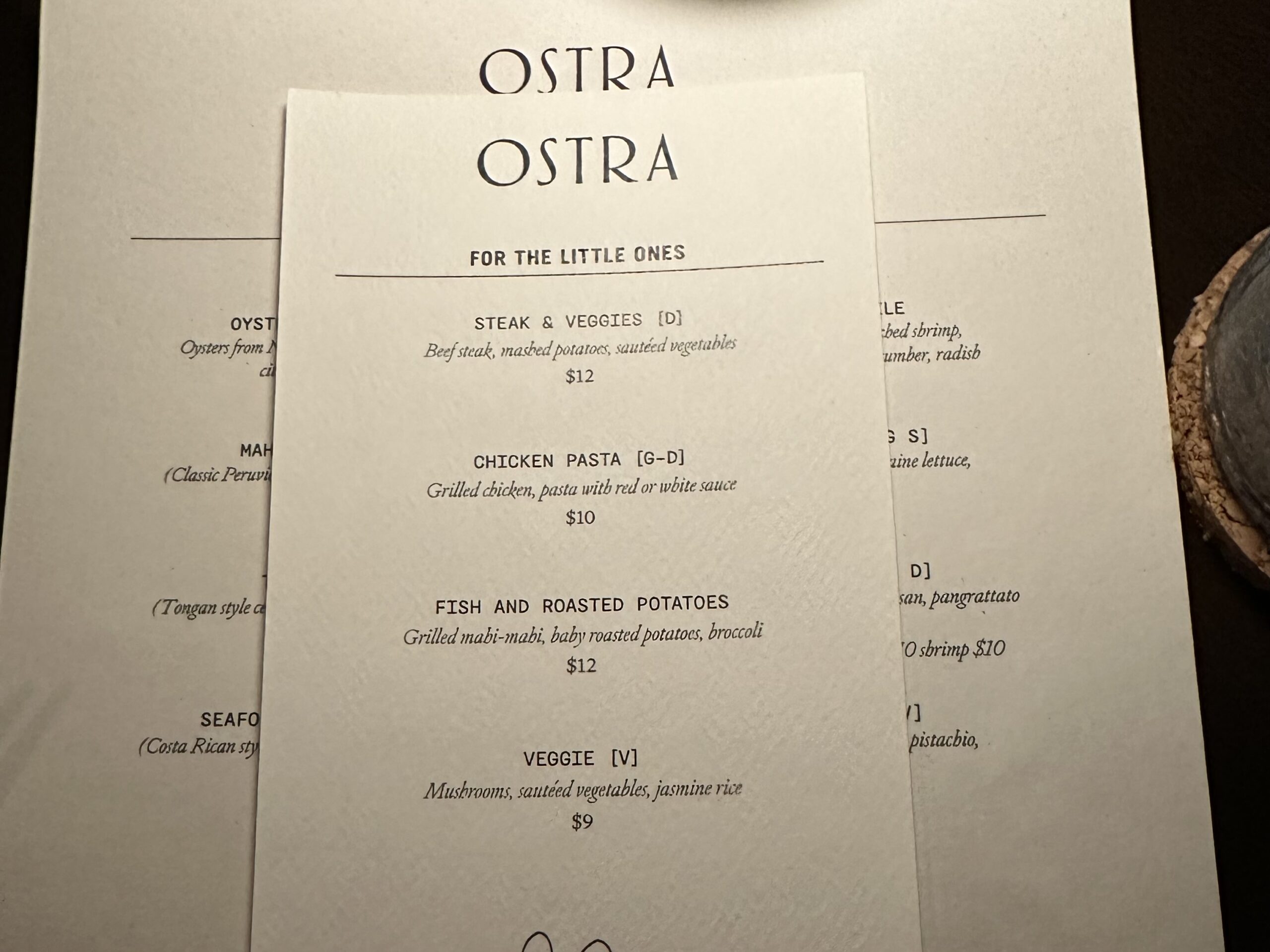 Kid's menu at Ostra, Andaz Papagayo