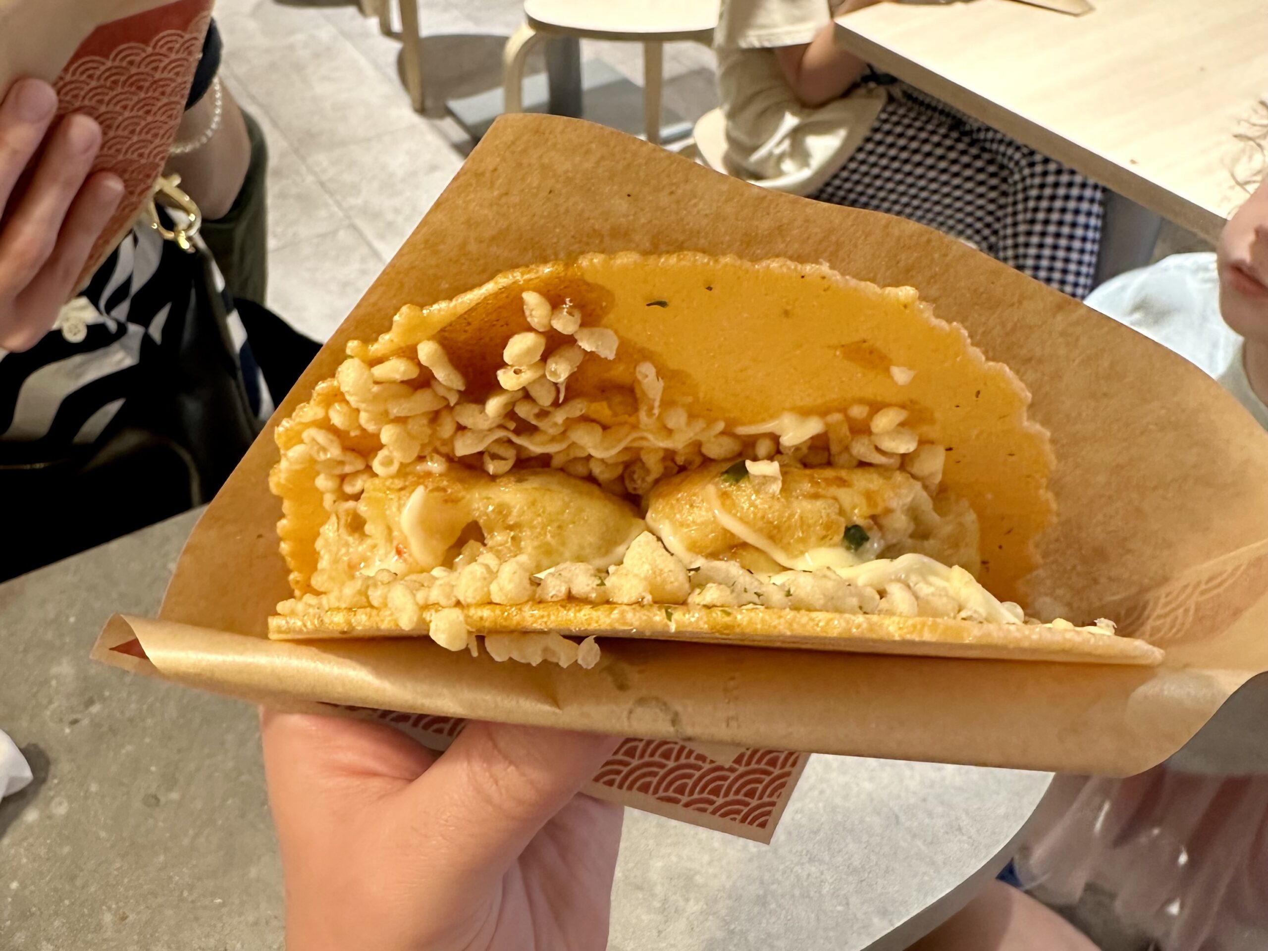 Japanese cracker sandwich with takoyaki, Tokyo, Japan