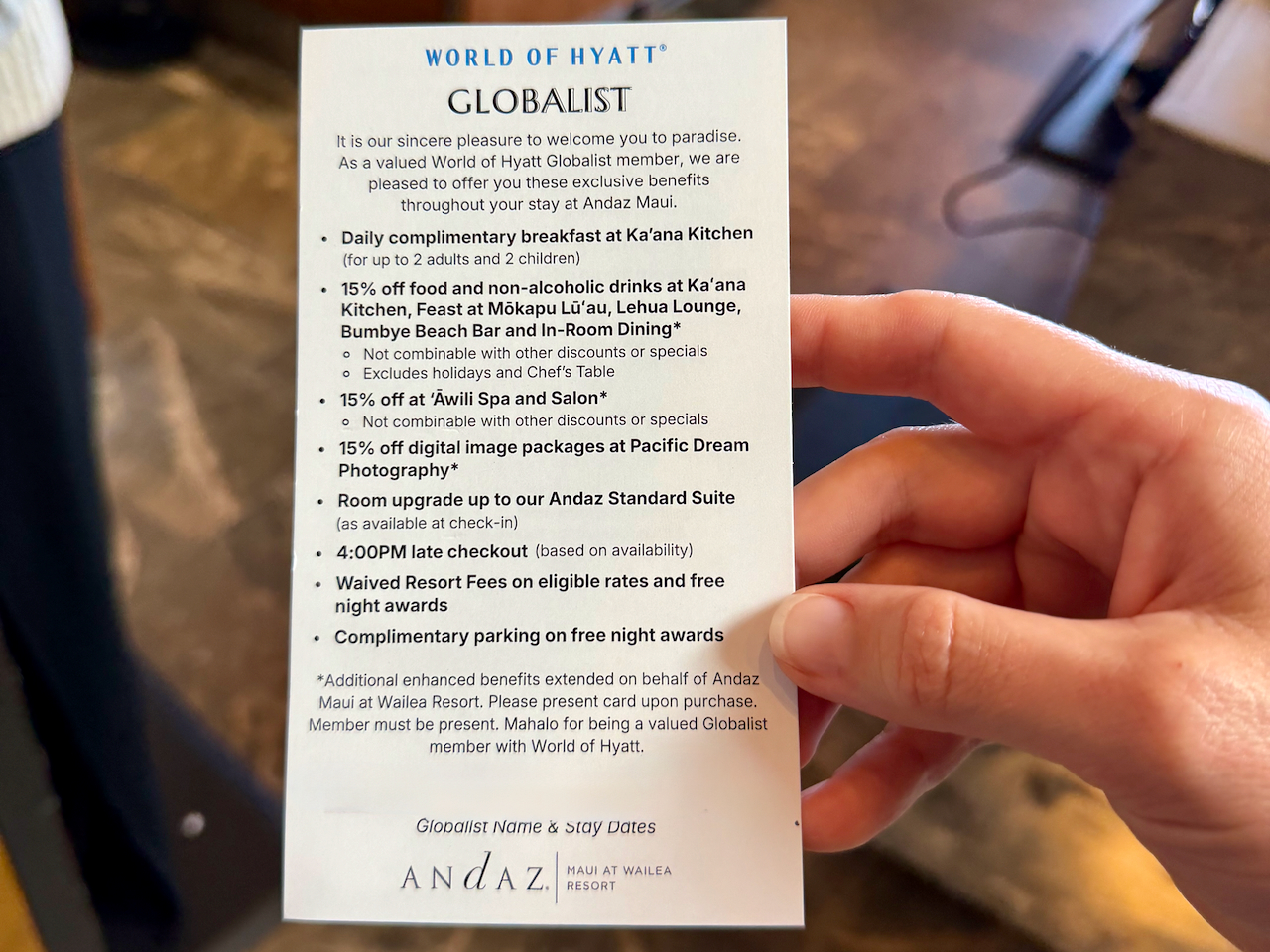 Globalist benefits at Andaz Maui, Hawaii