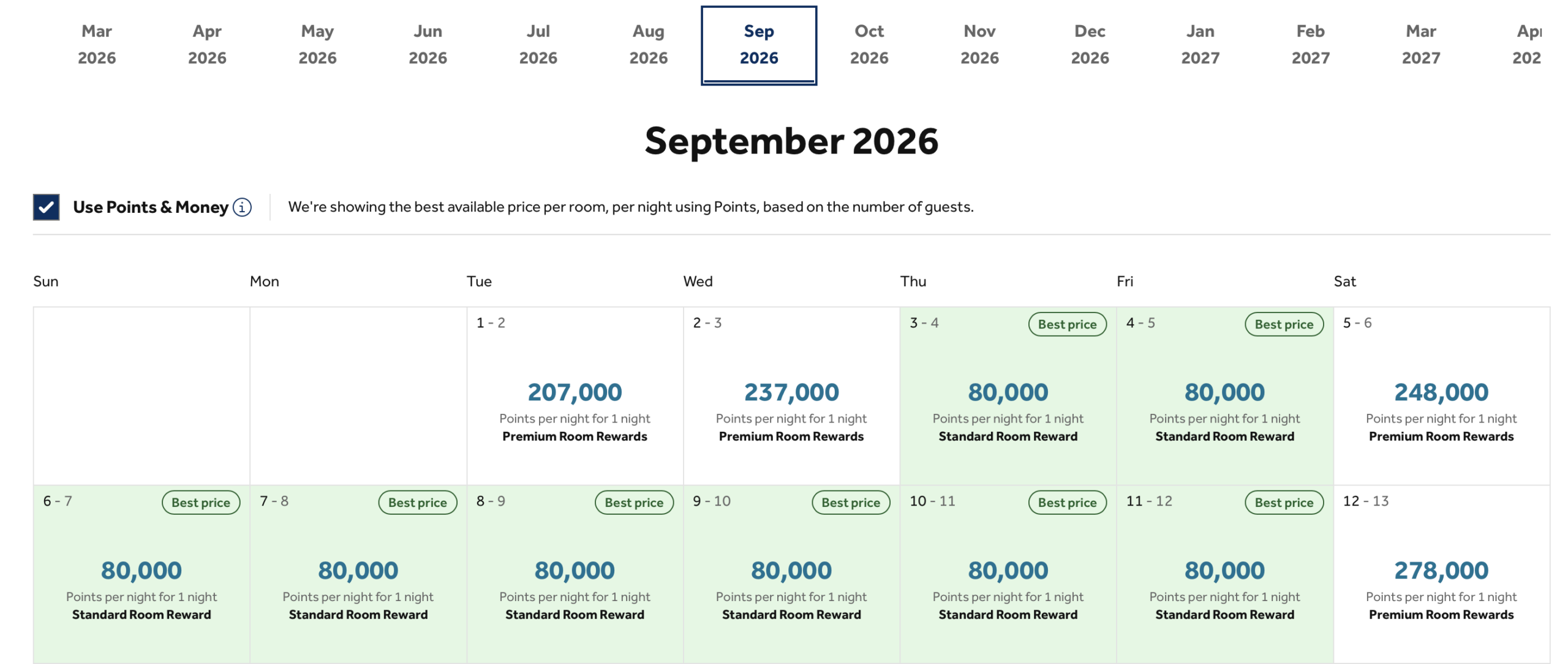 Points availabilty for September 2026 at Hilton Tahiti