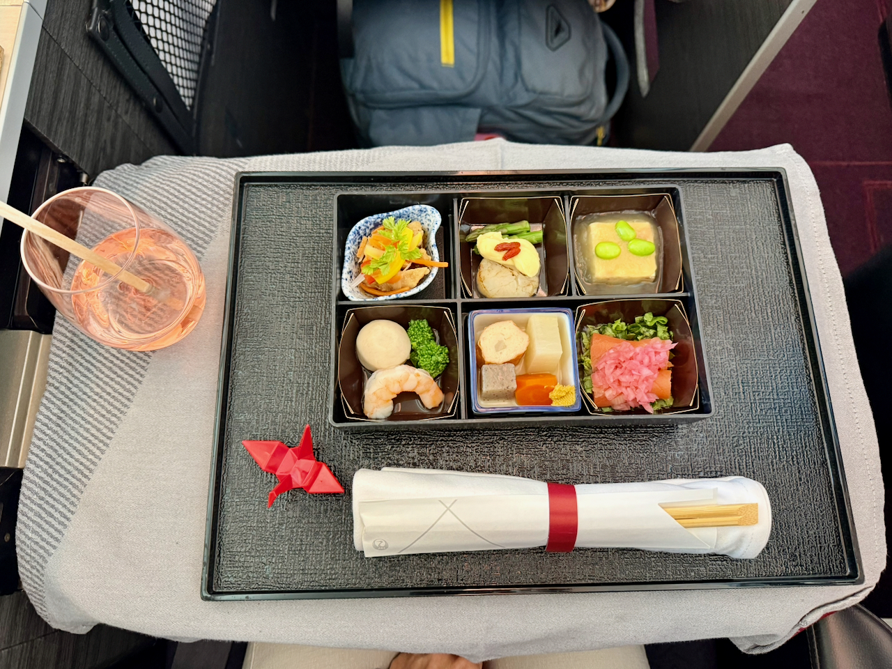 Japanese cuisine served in Japan Airlines Business Class from SFO to Tokyo